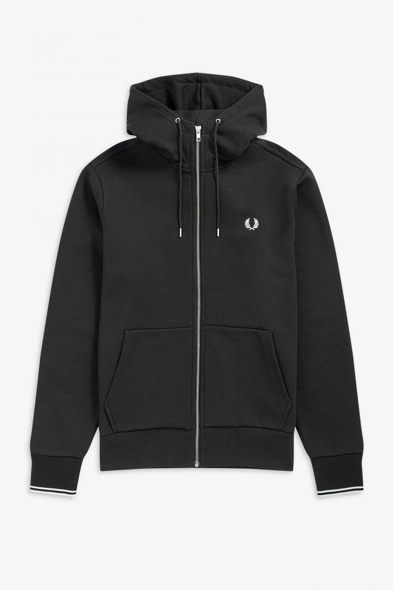 Black Fred Perry Hooded Zip Through Men's Sweatshirts | PH 1587GSOL